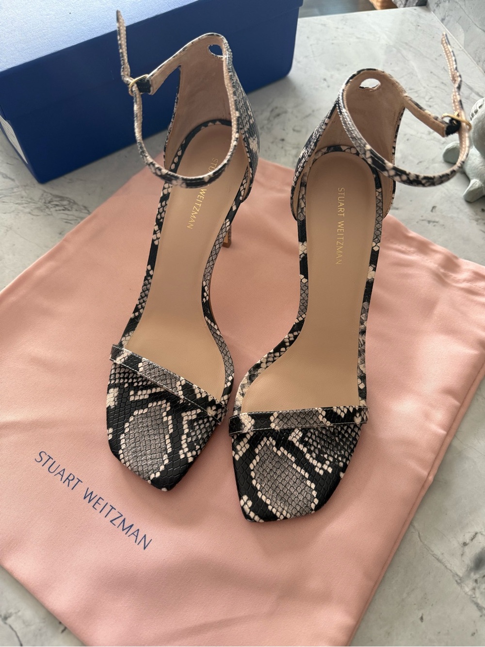 Stuart Weitzman Black and Beige Snake-Print Ankle-Strap Heels original. $475